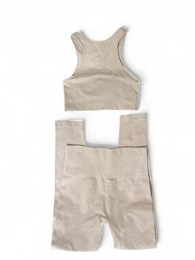 Beige Seamless Racerback Sports Bra and High-Waist Bike Shorts Set